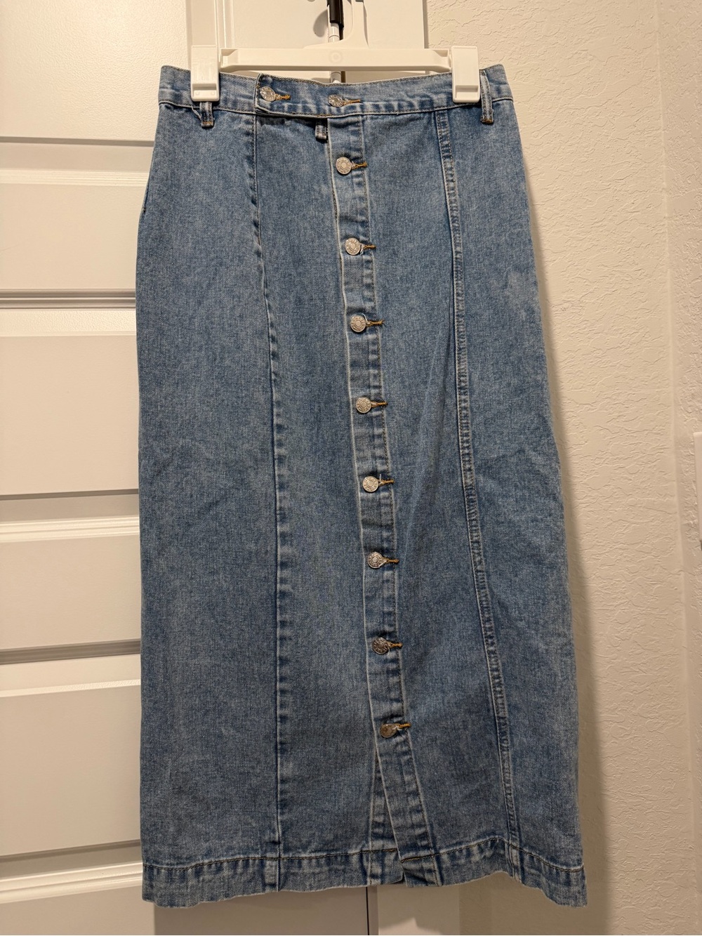 Classic Blue Denim Button-Front Maxi Skirt
